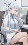  1girl blue_archive blue_necktie blush breasts closed_mouth grey_hair halo highres kiu6 long_hair long_sleeves looking_at_viewer necktie noa_(blue_archive) pleated_skirt purple_eyes shirt sitting skirt smile solo white_shirt white_skirt 
