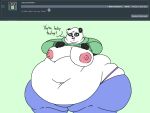 2018 4:3 5_fingers anthro areola ask_blog batspid2 bear belly big_areola big_belly big_breasts big_nipples biped black_body black_eyebrows black_eyelashes black_fur black_nose blue_bottomwear blue_clothing bottomwear breasts clothing dialogue digital_drawing_(artwork) digital_media_(artwork) double_chin ear_markings english_text exclamation eyebrows facial_markings female fingers flashing flashing_breasts flat_colors front_view fur giant_panda glistening glistening_eyes green_background green_clothing green_eyes green_topwear hair head_markings holding_clothing holding_object hoodie huge_thighs hyper hyper_belly hyper_hips hyper_thighs love_handles mammal markings mask_(marking) morbidly_obese morbidly_obese_anthro morbidly_obese_female multicolored_body multicolored_fur navel nipples obese obese_anthro obese_female open_mouth overweight overweight_anthro overweight_female panties pants pink_areola pink_clothing pink_nipples pink_underwear puffy_areola puffy_nipples simple_background smile sofia_(batspid2) solo standing text thick_thighs three-quarter_view tight_clothing topwear two_tone_body two_tone_fur underwear white_body white_fur white_hair 