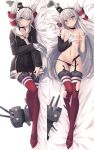  1girl amatsukaze_(kancolle) amatsukaze_kai_ni_(kancolle) black_dress black_panties breasts dakimakura_(medium) dress garter_straps gloves grey_eyes grey_hair grey_neckerchief hair_tubes highres kantai_collection kochipu long_hair lying navel neckerchief nipples on_back on_side panties red_thighhighs sailor_collar sailor_dress single_glove small_breasts smoke_heart smokestack_hair_ornament thighhighs torn_clothes torn_thighhighs two_side_up underwear white_gloves white_sailor_collar 