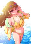  1girl amanogawa_kirara bikini breasts brown_hair buta_obutu day earrings frilled_bikini frills go!_princess_precure gradient-tinted_eyewear highres hood hoodie jacket jewelry multicolor-tinted_eyewear necklace ocean outdoors precure purple_eyes small_breasts solo star-shaped_eyewear star_(symbol) star_earrings sunglasses swimsuit yellow_bikini yellow_jacket 