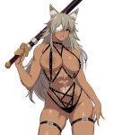  1girl abs animal_ears areola_slip ass_visible_through_thighs azmi_yudista bare_shoulders between_breasts breasts cat_ears cat_girl collarbone commission contrapposto cross-laced_clothes cross-laced_panties dark-skinned_female dark_skin eyepatch ghislaine_dedoldia grey_hair highleg highleg_panties highres holding holding_sword holding_weapon large_breasts long_hair looking_at_viewer mushoku_tensei navel o-ring o-ring_top one-eyed over_shoulder panties parted_lips pentagram red_eyes scar scar_on_cheek scar_on_face scar_on_stomach sheath sheathed solo strap_between_breasts sword sword_over_shoulder thigh_strap thighs toned underwear weapon weapon_over_shoulder white_background 