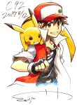  baseball_cap belt black_gloves black_shirt brown_eyes brown_hair clenched_teeth comiket_92 dated fingerless_gloves gloves hand_up hat highres jacket looking_at_viewer on_shoulder open_clothes open_jacket pikachu pokemon pokemon_(creature) pokemon_on_shoulder popped_collar red_(pokemon) red_jacket seijun shirt short_sleeves signature smile spiked_hair teeth upper_body white_background 