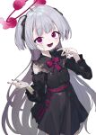  1girl alternate_costume alternate_hairstyle black_dress black_sleeves blue_archive character_request cowboy_shot detached_sleeves dress grey_hair halo highres long_hair looking_at_viewer open_mouth red_eyes red_halo signalviolet simple_background solo two_side_up white_background 