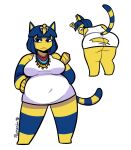 2021 almondo animal_crossing ankha_(animal_crossing) anthro bangs belly big_belly big_breasts big_butt biped black_eyes blue_body blue_eyeliner blue_eyeshadow blue_hair blunt_bangs blush bob_cut breasts butt clothed clothing domestic_cat dress embarrassed eyeliner eyeshadow featureless_feet felid feline felis female front_view hair hand_on_hip hi_res huge_butt jewelry leaning leaning_forward lidded_eyes looking_at_own_butt looking_at_viewer looking_back makeup mammal markings multicolored_body navel_outline necklace nintendo overweight overweight_anthro overweight_female raised_tail rear_view short_dress signature solo standing striped_markings striped_tail stripes tail tail_markings thick_thighs torn_clothing torn_dress two_tone_body underbutt uraeus wardrobe_malfunction white_clothing white_dress wide_eyed wide_hips yellow_body 