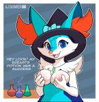  anthro azoomer braixen breasts canid canine clothed clothing digital_media_(artwork) female fur generation_6_pokemon hi_res looking_at_viewer mammal nintendo nipples pokemon pokemon_(species) simple_background smile solo text 