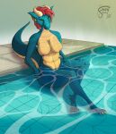  anthro athletic bath bathing big_breasts breasts covering covering_crotch dragon fauxfowl feet female green_eyes hair hi_res horn jewelry looking_at_viewer muscular muscular_female nipples nude pawpads paws red_hair relaxing scales scalie sitting solo suggestive_look tail water 