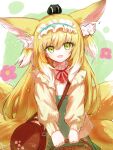  1girl absurdres animal_ear_fluff animal_ears arknights bag basket black_cat blonde_hair blue_hairband blue_skirt brown_bag cardigan cat commentary_request cross-laced_clothes cross-laced_skirt cross-laced_slit crossover deyuaru fox_ears fox_girl fox_tail frilled_hairband frills green_eyes hair_ornament hair_scrunchie hairband handbag heixiu high-waist_skirt highres holding holding_basket kitsune kyuubi long_hair long_sleeves looking_at_viewer luo_xiaohei_zhanji multicolored_hair multiple_tails neck_ribbon official_alternate_costume open_cardigan open_clothes open_mouth partial_commentary puffy_long_sleeves puffy_sleeves red_ribbon ribbon round_bag scrunchie shirt shoulder_bag skirt sleeve_cuffs solo suzuran_(arknights) suzuran_(spring_praise)_(arknights) tail two-tone_hair white_hair white_shirt yellow_cardigan 