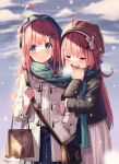  2girls absurdres bag black_coat blue_eyes blue_scarf blush brown_hair christmas closed_eyes coat cold highres holding holding_another&#039;s_arm kuri_(animejpholic) long_hair multiple_girls original scarf snowflakes white_coat 