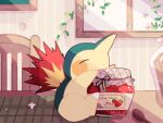  animal_focus closed_eyes commentary_request cyndaquil english_text fire hanabusaoekaki highres indoors jar no_humans on_table pokemon pokemon_(creature) strawberry_jam table window wooden_chair 