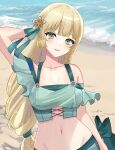  1girl absurdres aqua_bikini arm_behind_head beach bikini blonde_hair breasts commentary fire_emblem fire_emblem:_three_houses fire_emblem_heroes flower frilled_bikini frills green_bikini green_eyes hair_flower hair_ornament hair_ribbon highres ingrid_brandl_galatea_(summer) long_hair looking_at_viewer low_ponytail n_54 navel official_alternate_costume parted_lips ponytail ribbon shore small_breasts smile solo swimsuit upper_body very_long_hair 