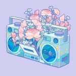  artist_name commentary_request flower highres hiro046k leaf no_humans original pink_flower plant purple_background radio simple_background sparkle still_life twitter_username white_flower 