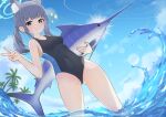  1girl absurdres akarichan_(1286817552) animal animal_ears blue_archive blue_eyes blush commentary_request competition_swimsuit cross_hair_ornament fish grey_hair hair_ornament halo happy highres holding holding_animal holding_fish looking_at_viewer marlin_(fish) ocean one-piece_swimsuit outdoors partial_commentary ponytail shiroko_(blue_archive) shiroko_(swimsuit)_(blue_archive) smile solo swimsuit v wet wolf_ears 