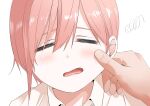  1girl =_= blush cheek_pull close-up closed_eyes collared_shirt commentary eyebrows_hidden_by_hair go-toubun_no_hanayome hair_between_eyes highres lips mame1645 nakano_ichika open_mouth pink_hair pov pov_hands shirt short_hair simple_background sleepy solo_focus squiggle white_background white_shirt 