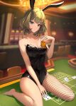  1girl alcohol animal_ears bare_shoulders barefoot black_leotard blue_eyes breasts card casino casino_card_table cleavage collarbone covered_navel cup fake_animal_ears green_eyes green_hair heterochromia highres holding holding_cup idolmaster idolmaster_cinderella_girls leotard looking_at_viewer medium_breasts mole mole_under_eye nyome991 open_mouth playboy_bunny playing_card rabbit_ears short_hair single_fishnet_legwear single_thighhigh sitting solo strapless strapless_leotard table takagaki_kaede thighhighs wariza whiskey 