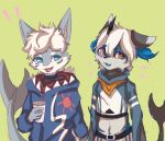  2020 anthro beverage black_nose blue_clothing blue_tongue brown_eyes cheek_tuft clothed clothing cloudyiki countershading digital_media_(artwork) duo ear_tuft facial_tuft fish fully_clothed fur furred_shark green_background grey_body grey_ears grey_fur grey_tail hair half-length_portrait half_body hi_res holding_beverage holding_object kemono male marine open_mouth open_smile portrait shark simple_background smile standing tongue tuft white_body white_countershading white_fur white_hair 