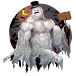  1boy artist_name bara english_text ghost ghost_costume halloween halloween_costume hat highres holding holding_sign large_pectorals looking_at_viewer male_focus muscular muscular_male original pectorals rybiok sign solo trick_or_treat 
