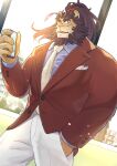  absurd_res anthro brown_body brown_fur brown_hair cellphone clothing eyebrows felid formal_clothing fur hair hi_res kouga0225 lifewonders lion live_a_hero looking_at_viewer male mammal mane necktie pantherine phone ponytail purple_eyes scar smartphone solo suit thick_eyebrows toshu window 