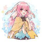  1girl :d black_bow black_bowtie blush bow bowtie brown_capelet capelet fins flower hair_between_eyes hand_up head_fins long_hair looking_at_viewer mikan_tabetai navel open_mouth persia_(rune_factory) pink_eyes pink_flower pink_hair rune_factory rune_factory_3 shell smile solo 