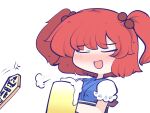  1girl alcohol beer beer_mug blue_shirt blush chahan_(fried_rice0614) closed_eyes commentary_request cup mug onozuka_komachi open_mouth red_hair rod_of_remorse shirt touhou white_background white_sleeves 