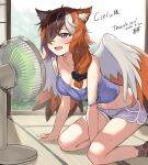  absurdres animal_ears animal_feet artist_name between_legs bird_legs bird_wings blue_eyes breasts brown_hair brown_wings cleavage colored_inner_hair commission dated dolphin_shorts electric_fan estelle_(cieluscian) feathered_wings feet_out_of_frame fluff fusuma hair_over_one_eye hair_over_shoulder hand_between_legs harpy highres hot indoors kneeling kurokin long_hair looking_at_object low-tied_long_hair medium_breasts monster_girl multicolored_eyes multicolored_hair one_eye_covered open_mouth orange_wings original purple_eyes purple_hair purple_shorts purple_tank_top second-party_source short_shorts shorts shouji signature skeb_commission sliding_doors solo strap_slip streaked_hair sunlight sweat tank_top tatami thank_you white_hair white_wings wings 