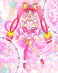  1girl ahoge choker clenched_hands cure_star dress earrings full_body highres hoshina_hikaru jewelry magical_girl official_art open_mouth pink_choker pink_dress pink_eyes pink_footwear pink_hair pink_thighhighs planet_hair_ornament precure precure_connection_puzzlun single_thighhigh smile solo star_(symbol) star_choker star_twinkle_precure thighhighs third-party_source twintails 