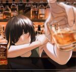  1girl alcohol ashiran bar_(place) black_hair blurry blurry_foreground blush closed_mouth commentary dated eyepatch foreshortening girls&#039;_frontline green_tank_top highres indoors jack_daniel&#039;s light_particles long_hair looking_at_viewer m16a1_(girls&#039;_frontline) multicolored_hair one_eye_covered orange_eyes orange_hair reaching reaching_towards_viewer scar scar_on_face signature solo streaked_hair tank_top upper_body whiskey 