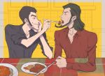  2boys arm_hair arsene_lupin_iii beard black_eyes black_hair black_shirt border cheekbones chest_hair closed_eyes collarbone facial_hair feeding food fork hand_hair hand_on_own_face holding holding_fork jigen_daisuke knife knuckle_hair leaning_on_table long_sideburns long_sleeves lupin_iii male_focus multiple_boys mzochi open_mouth pasta plate red_shirt shirt sideburns sideburns_stubble sleeves_rolled_up smile spaghetti steak tablecloth teeth white_border yaoi 