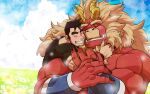  2boys arms_around_neck bara beard black_hair blank_eyes blue_sky blurry bokeh colored_skin curled_horns depth_of_field dragon_horns facial_hair field flower flower_field forked_eyebrows furry furry_male furry_with_non-furry gardie_(otsukimi) grin hand_on_another&#039;s_arm happy_tears horns hug hug_from_behind huge_eyebrows interspecies kouhei_(otsukimi) large_hands lion_hair long_sideburns male_focus multiple_boys muscular muscular_male original otsukimi pectorals red_skin shirt short_hair sideburns sideburns_stubble size_difference sky smile t-shirt tears thick_eyebrows tight_clothes tight_shirt upper_body yaoi 