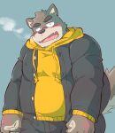  2023 anthro black_nose blush bottomwear canid canine canis clothing domestic_dog hi_res hoodie humanoid_hands kemono male mammal overweight overweight_male pants sansan_ocha solo topwear 