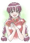  1girl braid breasts brown_eyes china_dress chinese_clothes cropped_torso dress faux_traditional_media freckles glasses hair_between_eyes happy highres kou_(kounotori69) medium_breasts open_mouth own_hands_together purple_hair red_dress ri_kouran round_eyewear sakura_taisen short_sleeves solo twin_braids upper_body watercolor_effect 