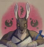  anthro bow_ribbon clothing ear_piercing hand_wraps hare hi_res lagomorph leporid looking_at_viewer malcombtheteadragon male mammal muscular pattern_background piercing simple_background solo wraps 
