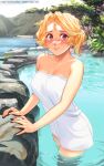  1girl blonde_hair blush breasts brown_eyes closed_mouth day highres large_breasts lips mathias_leth naked_towel nervous_smile nose_blush onsen original outdoors paid_reward_available short_hair smile solo stina_(mathias_leth) towel wading water 