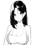  1girl breasts cleavage competition_swimsuit highres kekemotsu large_breasts looking_at_viewer medium_hair monochrome one-piece_swimsuit original smile solo swimsuit 