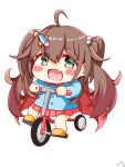  1girl blush brown_hair cape chibi dasono777 fang green_eyes hair_ornament hanamori_healthy happy highres long_sleeves open_mouth pill_hair_ornament pleated_skirt red_cape riding_tricycle skin_fang skirt smile sweater tricycle twintails 