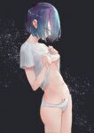  1girl absurdres aqua_hair blue_eyes blurry bob_cut breasts clothes_lift depth_of_field expressionless from_side ggolulos gradient_hair grey_background highres kurokawa_akane leaning_back lifted_by_self medium_breasts multicolored_hair navel no_bra no_pants oshi_no_ko paint_splatter panties purple_hair shirt shirt_lift short_hair short_sleeves solo standing star-shaped_pupils star_(symbol) stomach symbol-shaped_pupils t-shirt underboob underwear white_panties white_shirt 