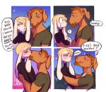  4_panel_comic anthro blonde_hair blush blush_lines boyfriends brown_body brown_fur canid canine canis cheek_tuft chin_tuft clothing dialogue domestic_dog duo english_text eyes_closed facial_tuft floppy_ears fur girly hair half-closed_eyes heresvix kissing lagomorph leporid male mammal narrowed_eyes rabbit shirt speech_bubble sweater t-shirt text topwear tuft turtleneck white_body white_fur wide_eyed 