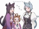 3girls :o ace_attorney animal_ears black_hair black_skirt black_vest blue_hair blunt_bangs brown_hair cat_ears cat_tail closed_eyes closed_mouth commentary_request covering_mouth embarrassed franziska_von_karma grey_eyes hair_ornament hair_rings half_updo hands_up hanten_(clothes) jacket japanese_clothes jewelry juliet_sleeves kemonomimi_mode kimono long_hair long_sleeves looking_at_another magatama magatama_necklace maya_fey mole mole_under_eye multiple_girls necklace open_mouth parted_bangs pearl_fey pink_jacket puffy_sleeves purple_jacket shirt short_hair sidelocks skirt tail translation_request usugi_san0 vest white_kimono white_shirt 