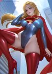  athletic_leotard blonde_hair blue_eyes blue_leotard breasts building cape chinese_commentary commentary_request covered_navel dc_comics feet_out_of_frame from_below high_heels highleg highleg_leotard highres impossible_clothes large_breasts leotard lips long_sleeves patreon_logo red_cape red_thighhighs sade_abyss stiletto_heels supergirl thighhighs 