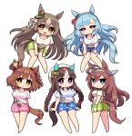  5girls ahoge animal_ears arms_behind_back aston_machan_(umamusume) barefoot beach blue_eyes blue_hair blue_shorts blush bow braid breasts brown_hair chibi cleavage closed_mouth commentary_request crown_braid ear_bow ear_covers ear_ornament floral_print french_braid full_body gaze_on_me!_outfit_(umamusume) green_shorts hair_between_eyes highres hokko_tarumae_(umamusume) horse_ears horse_girl horse_tail large_breasts long_hair looking_at_viewer medium_hair mejiro_ardan_(umamusume) midriff mihono_bourbon_(umamusume) multicolored_hair multiple_girls navel open_mouth outdoors pink_shorts ponytail purple_eyes sand satono_diamond_(umamusume) scrunchie shirt short_sleeves shorts silver_hairband simoyuki simple_background smile streaked_hair tail tail_through_clothes teeth tied_shirt tilted_headwear twin_braids umamusume upper_teeth_only very_long_hair water white_background white_hair white_headwear white_shirt wrist_scrunchie yellow_eyes 