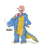  2023 absurd_res anthro artist_name claws clothing costume digital_drawing_(artwork) digital_media_(artwork) dinosaur dromaeosaurid fingers goodbye_volcano_high hair hi_res king_rex_(snoot_game) long_tail looking_at_viewer male mascot_costume open_mouth orange_body orange_hair orange_scales pink_body pink_scales purple_eyes reed_(gvh) reptile rsmania5 scales scalie sharp_teeth shirt short_hair simple_background smoke snoot_game snout solo tail tank_top teeth theropod topwear velociraptor watermark white_background 