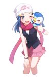  1girl beanie blue_eyes blue_hair bracelet commentary_request cropped_legs dawn_(pokemon) hat highres jewelry miniskirt one_eye_closed open_mouth pink_scarf pink_skirt piplup pokemon pokemon_(creature) pokemon_dppt scarf skirt smile sonoda_(mzm) wristband 