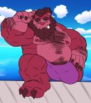  absurd_res amideo animal_humanoid anthro balls barazoku bear beard belly biceps big_balls big_muscles big_penis body_hair bottomwear brown_bear bulge chest_hair chest_tuft clothed clothing crouching digital_media_(artwork) erection facial_hair flexing fluffy full-length_portrait fur genitals grizzly_bear hair hairy hi_res himbo huge_balls huge_penis humanoid hyper hyper_balls hyper_genitalia hyper_penis looking_at_viewer male mammal manly mature_male moobs musclegut muscular muscular_anthro muscular_male muscular_thighs nipples obese overweight paws pecs penis pool portrait red_body red_eyes slightly_chubby smile solo standing teeth tuft tusks underwear ursine 