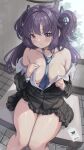  1girl bare_shoulders black_shirt blue_archive blue_necktie blush breasts comodomodo halo highres id_card jacket large_breasts long_hair long_sleeves looking_at_viewer necktie nipple_slip nipples no_bra no_panties open_clothes purple_eyes purple_hair shirt sitting solo white_shirt yuuka_(blue_archive) 