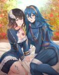  2girls armor bloodstained:_ritual_of_the_night blue_dress blue_eyes blue_hair boots breast_tattoo breasts brown_hair cape cleavage crossover dress fire_emblem fire_emblem_awakening hair_between_eyes highres horns long_hair long_sleeves looking_at_viewer lucina_(fire_emblem) medium_hair miriam_(bloodstained) multiple_girls parted_lips rinku_bny shoulder_armor shoulder_tattoo tattoo thigh_boots tiara 
