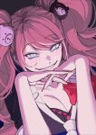  1girl bear_hair_ornament black_bra black_shirt blue_eyes blush bow bra bra_peek breasts cleavage danganronpa:_trigger_happy_havoc danganronpa_(series) dutch_angle enoshima_junko fingernails grin hair_ornament hands_on_own_chin highres interlocked_fingers long_fingernails looking_at_viewer mu_(mu43960168) nail_polish necktie pink_hair red_bow red_nails shirt smile solo twintails underwear white_necktie 