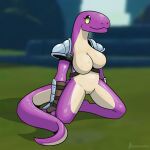  1:1 armor breasts clothing featureless_breasts female gauntlets genitals gloves handwear hi_res lemurian nude pussy reptile risk_of_rain scalie silvrsterlng solo 