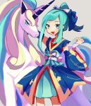  1girl :d arm_up blue_ribbon commentary_request detached_sleeves eyelashes galarian_rapidash green_eyes green_hair grey_background hair_ribbon hand_up highres japanese_clothes kimono lisia_(new_year&#039;s_2023)_(pokemon) lisia_(pokemon) official_alternate_costume open_mouth pokemon pokemon_(creature) pokemon_(game) pokemon_masters_ex ribbon sash sidelocks smile ukocome 