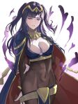  1girl black_hair blunt_bangs bodystocking bodysuit breasts bridal_gauntlets cape circlet cleavage covered_navel fire_emblem fire_emblem_awakening groin highres jewelry large_breasts long_hair looking_at_viewer purple_eyes shan_laotou simple_background solo tharja_(fire_emblem) tiara two_side_up white_background 