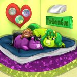  &lt;3 ambiguous_gender bed bedding black_hair blanket brown_body brown_fur english_text equid equine feral fluffy_pony fluffy_pony_(species) fur furniture green_body green_fur green_hair group hair hi_res horn inshi mammal pillow purple_body purple_fur story_at_source text trio unicorn 