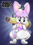  2023 anthro anus big_butt bunny_(tower_heroes) butt clothed clothing crossgender crouching female fur genitals hendersimp hi_res lagomorph leporid looking_at_viewer looking_back mammal pink_clothing plump_labia puffy_anus pussy rabbit ranged_weapon roblox rocket_launcher short_stack simple_background simple_eyes solo thick_thighs tower_heroes watermark weapon white_body white_fur 